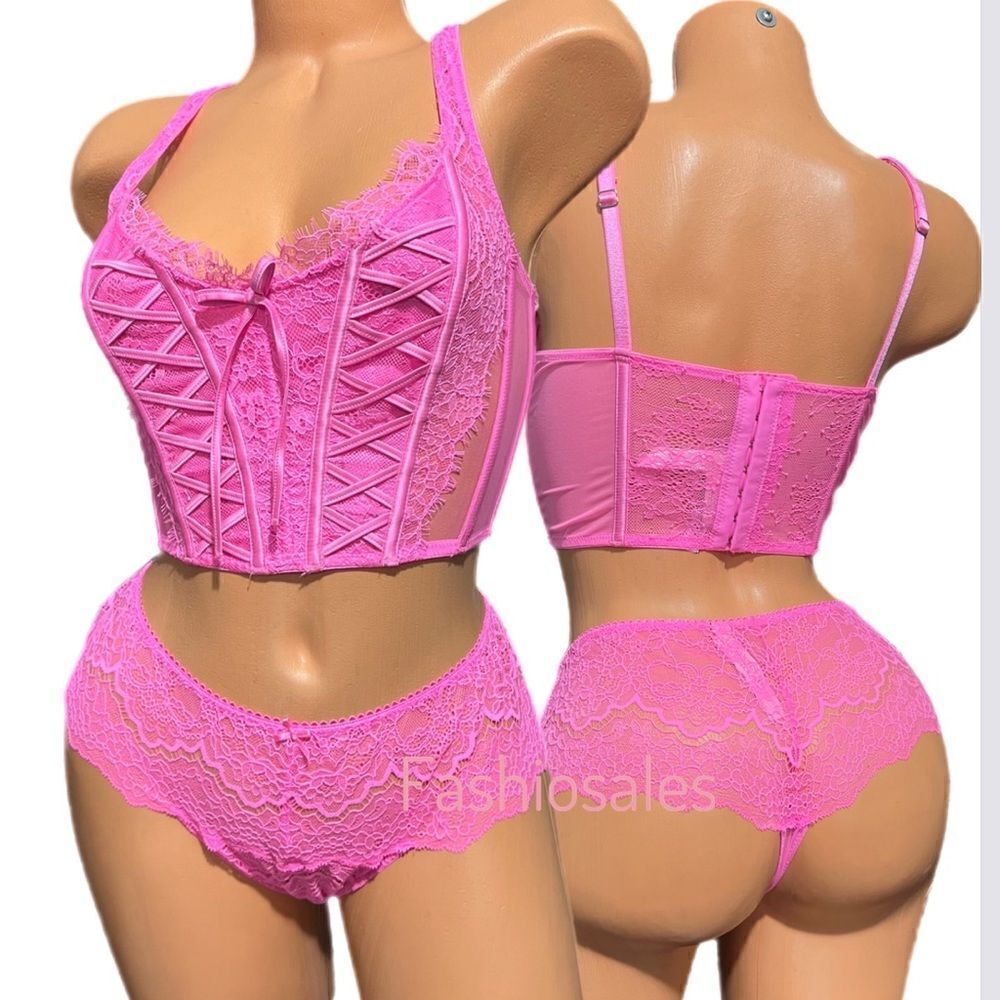 Victorias Secret Dream Angels Lace-up Corset Top Bra & Wide Side Thong Pink L